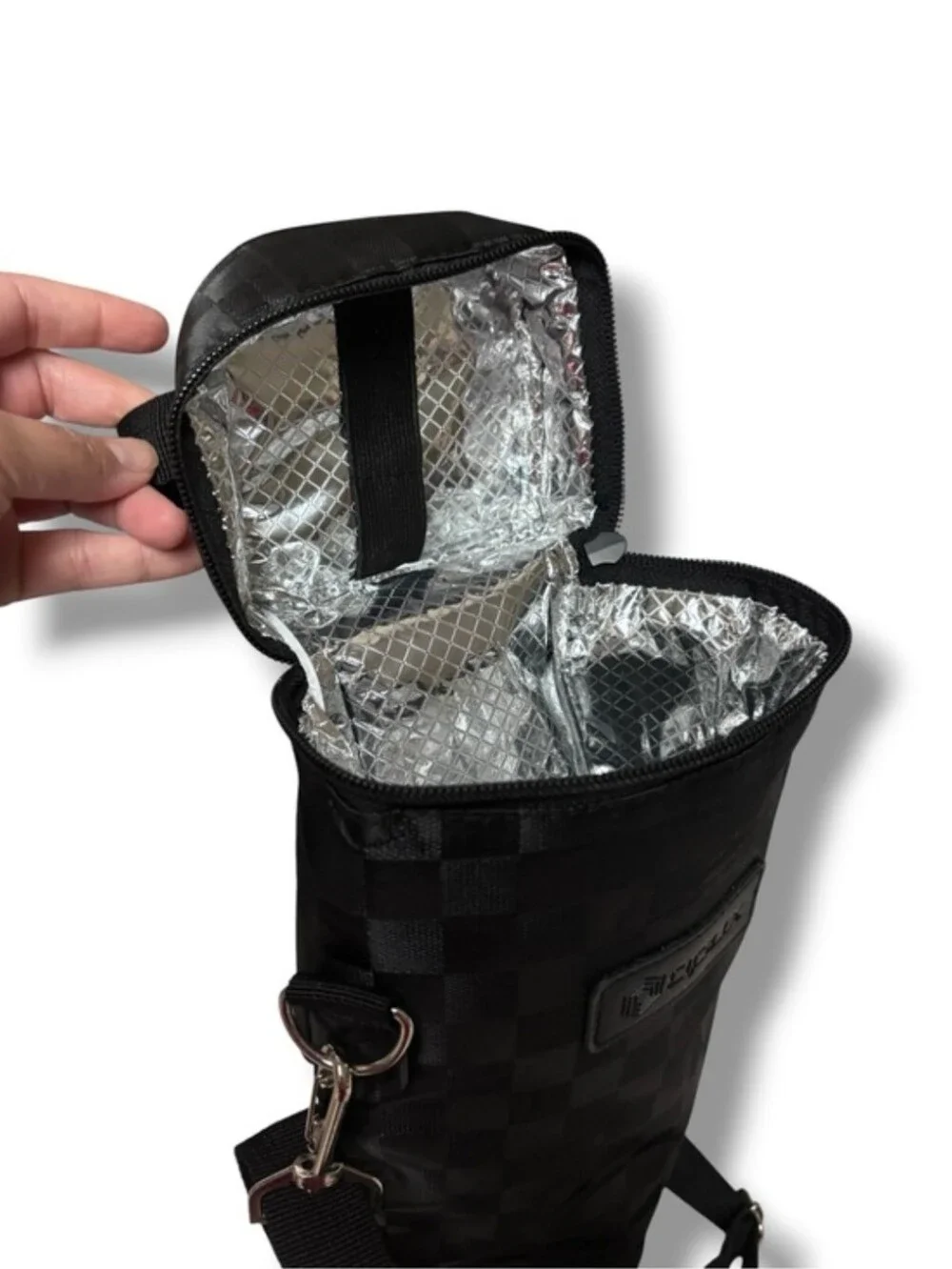 OPUX Checkered Black Insulated Wine Bottle Carrier Bag Adjustable Strap